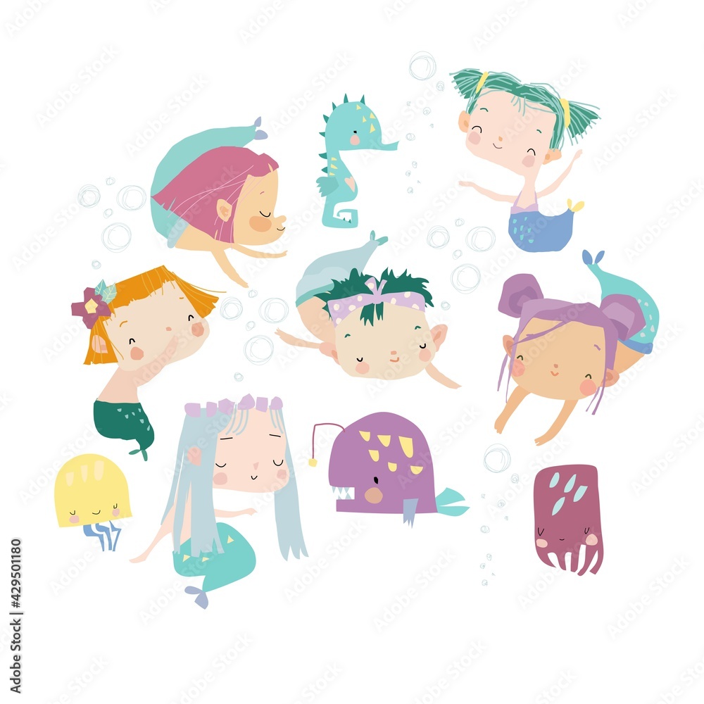 Cartoon Set with little Mermaids. Under the Sea Cartoon Set with little Mermaids. Under the Sea