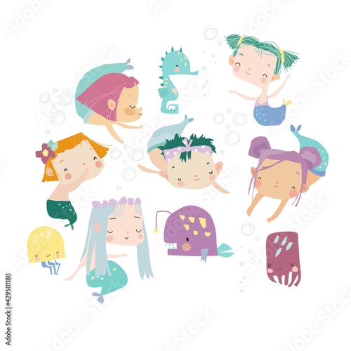 Cartoon Set with little Mermaids. Under the Sea