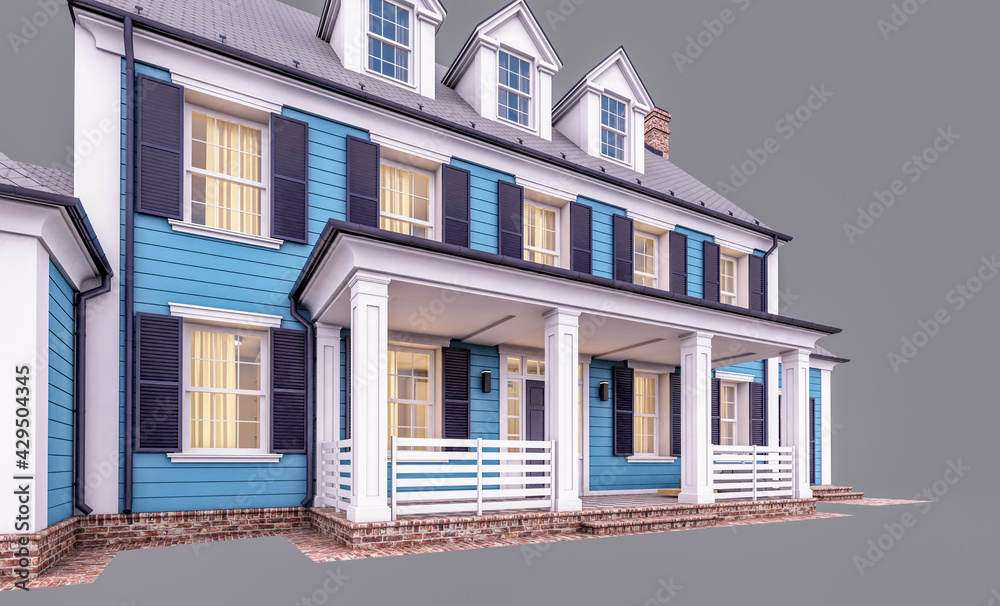3d rendering of modern cozy classic house in colonial style with garage and pool for sale or rent in evening. Isolated on gray. 3d rendering of modern cozy classic house in colonial style with garage and pool for sale or rent in evening. Isolated on gray.
