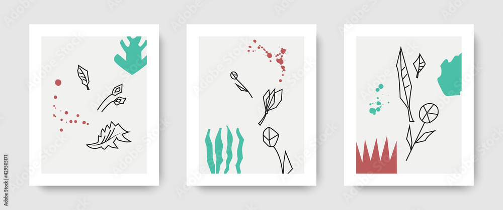 Fashionable hand-drawn set of flower cards.The elements are leaves, flowers, and splashes.Abstract art design of wallpaper, covers,prints, wall art.
