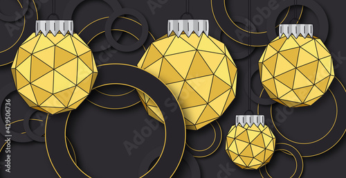 Weihnachtskugel gold geometrisch Dreiecke und Kreise, Scheiben und Dichtungsringe im Hintergrund