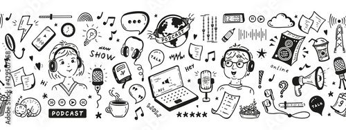 Podcast Show Equipment and Items Seamless Banner. Vector Border Pattern with Hand Drawn Doodle Man and Woman Speaking in Microphone. Workplace of Radio Host or Blogger.