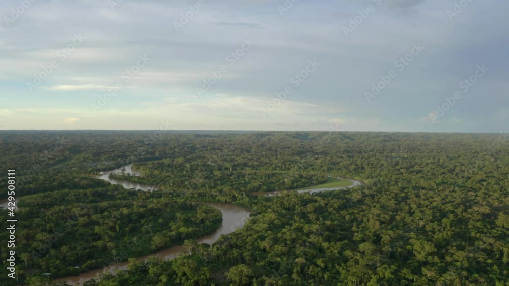 Aerial view over a tropical forest with a river meandering through the canopy and a clouded sky with room for copyspace Aerial view over a tropical forest with a river meandering through the canopy and a clouded sky with room for copyspace
