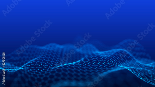 The structure of connecting to the network of moving points. Information flow of particles. Digital background. 3D rendering.