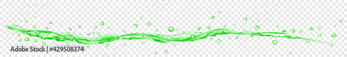 Translucent water jet with drops in green colors, isolated on transparent background. Transparency only in vector file