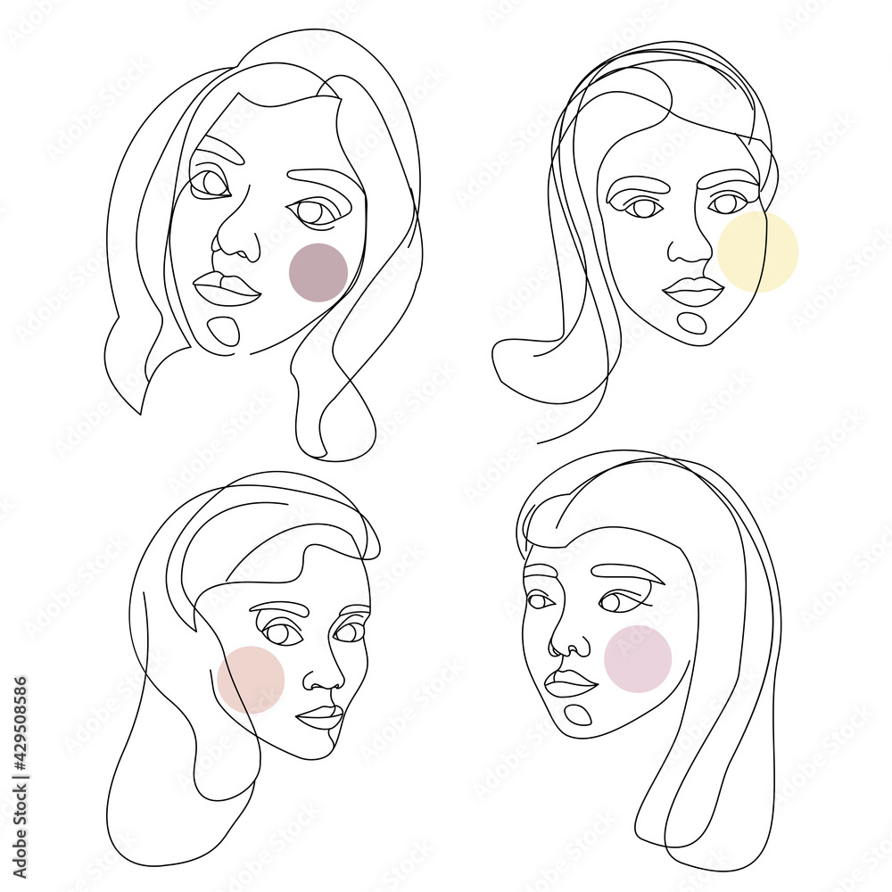 Set of female faces drawn with one continuous line. Minimalistic abstract portraits of beautyful women. Modern fashion concept. Black sketch on white background
