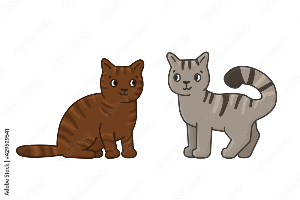 Cute cartoon brown and gray cats. Vector outline doodle isolated hand drawn illustration on white background. One kitten sits and looks to the right, second - stands or going to somewhere, looks left Cute cartoon brown and gray cats. Vector outline doodle isolated hand drawn illustration on white background. One kitten sits and looks to the right, second - stands or going to somewhere, looks left