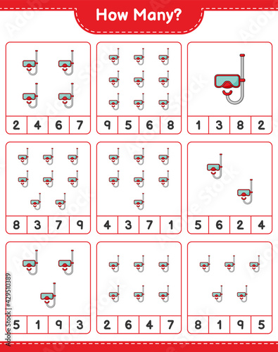 Counting game, how many Scuba Diving Mask. Educational children game, printable worksheet, vector illustration