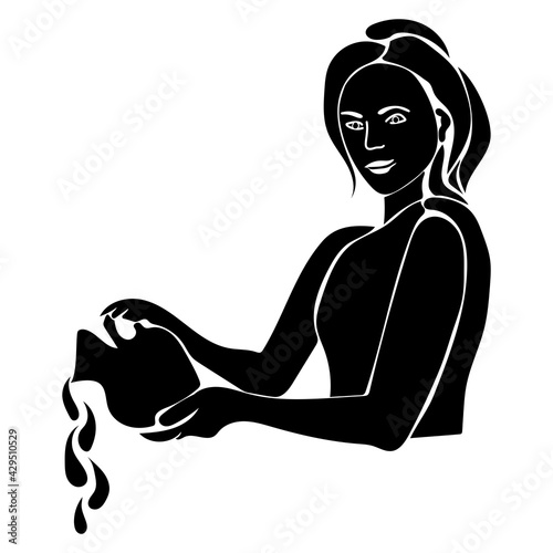 Zodiac sign Aquarius silhouette, one of the 12 signs of the horoscope, a girl pouring water from a jug