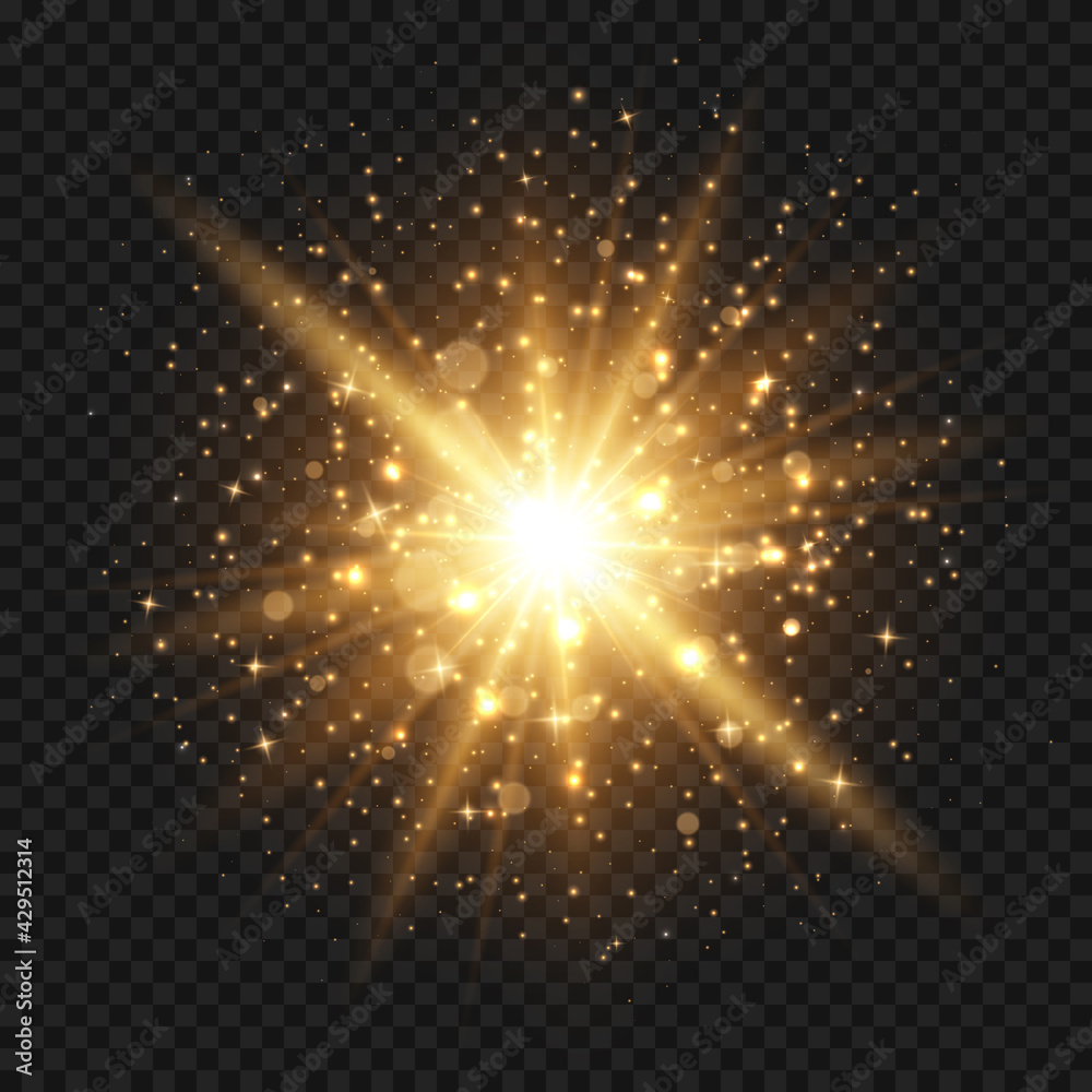 Obraz premium Glowing starburst with sparkles and rays. Golden light flare effect with stars and glitter isolated on transparent background. Vector illustration of shiny glow light effect with dust, gold lens flare