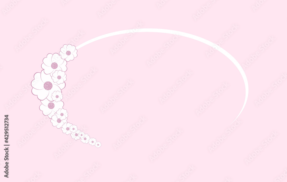 Postcard with for text. Frame of white flowers on a pink background