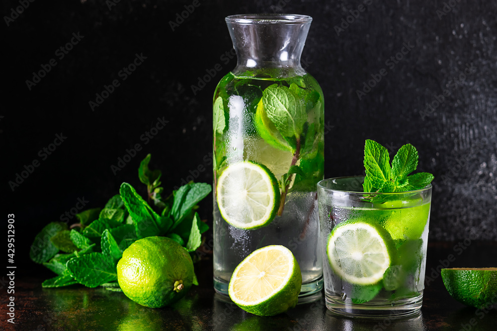 Detox refreshing drink with ice, lime and aromatic mint leaves on dark background. Detox refreshing drink with ice, lime and aromatic mint leaves on dark background.