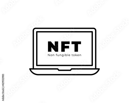 Concept of NFT, non-fungible token with network on laptop computer with icon, flat vector illustration