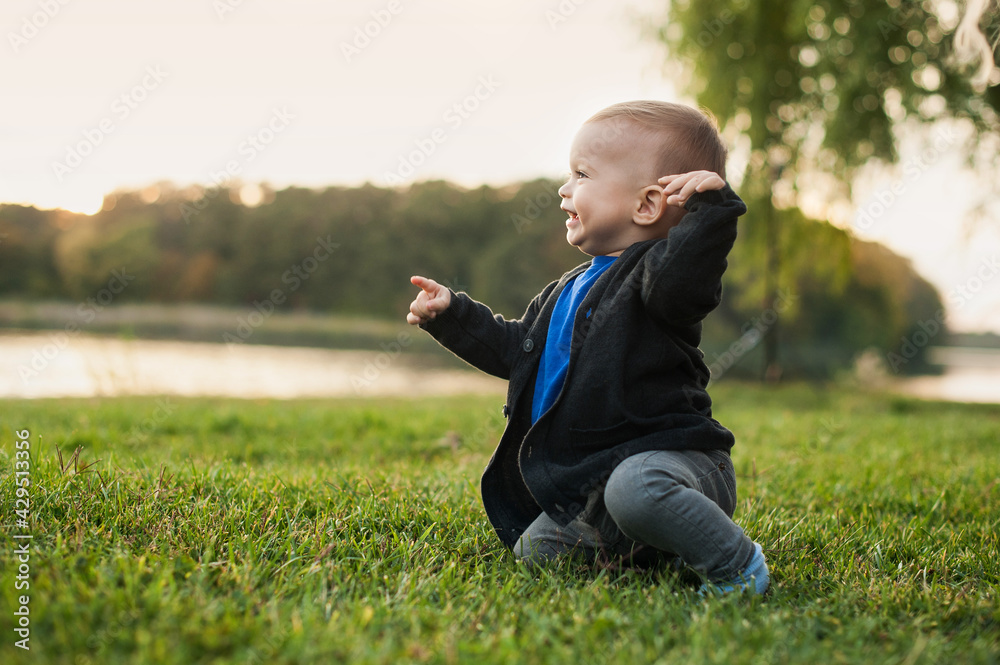 Beautiful and happy baby boy playing on the green grass in the park. Childhood. Beautiful and happy baby boy playing on the green grass in the park. Childhood.