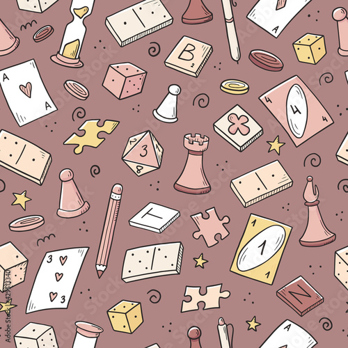 Hand drawn seamless pattern of board game element, cards, chess, hourglass, chips, dice, dominoes. Doodle sketch style. Isolated vector illustration for for board game shop, store.