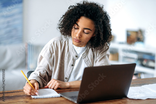 Focused confident smart african american curly haired girl in casual clothes, freelancer or student, working or studying remotely while sitting in living room at laptop and taking notes photo