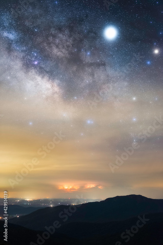The Milky Way rising over a distant thunderstorm on the horizon with red lightning, viewed from Skyline Drive in Shenandoah National Park.