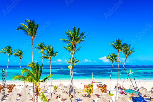 Beach vacation. Aerial drone view of tropical white sandy Bavaro beach in Punta Cana  Dominican Republic. Amazing landscape with palms  umbrellas and turquoise water of atlantic ocean