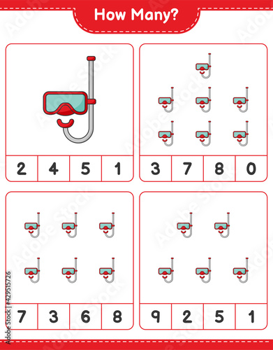 Counting game, how many Scuba Diving Mask. Educational children game, printable worksheet, vector illustration