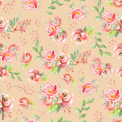 Seamless watercolor pattern roses pale pink