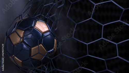 Dark Blue-Gold Soccer Ball in the Goal Net under black background with dark toned foggy smoke. 3D illustration. 3D CG. 3D Rendering. High resolution.