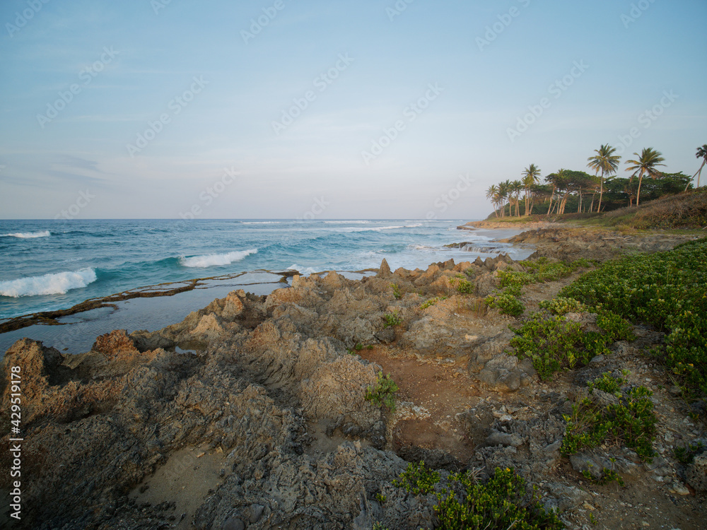 Rocky Cliffs and surf beach. Dominican Republic. Wide angle shot.