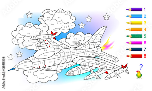 Math education for little children. Coloring book. Mathematical exercises on addition and subtraction. Solve examples and paint the military aircraft. Developing counting skills. Worksheet for kids.