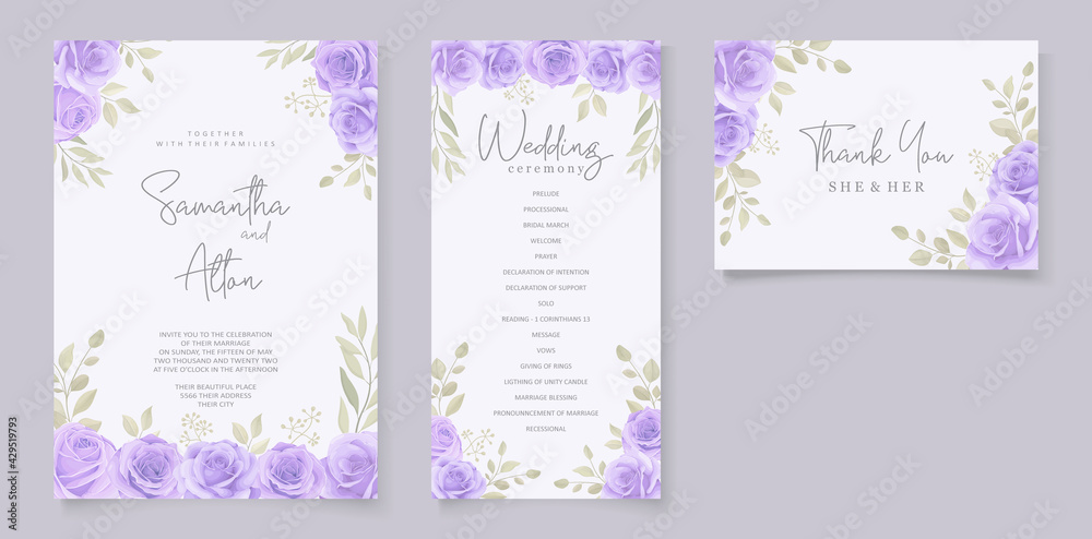 Elegant wedding invitation template with floral purple