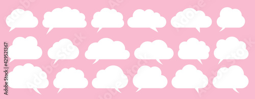 White speech flat vector cloud set. Clouds cartoon symbols on pink background for web site design, logo, app. Bubble icon collection for infographic design. Label and stickers
