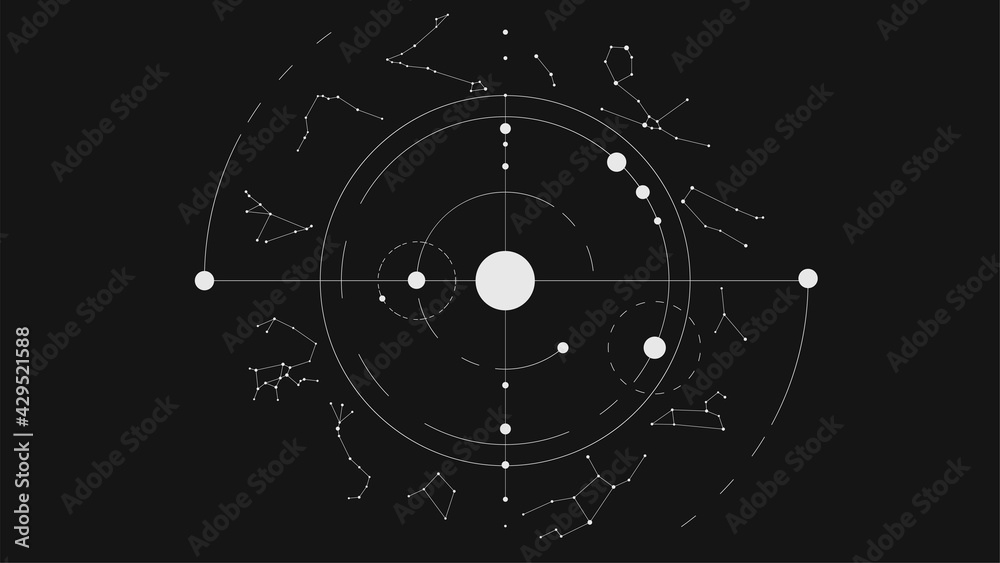 White minimalistic solar system and zodiac constellations on black background - obrazy, fototapety, plakaty 