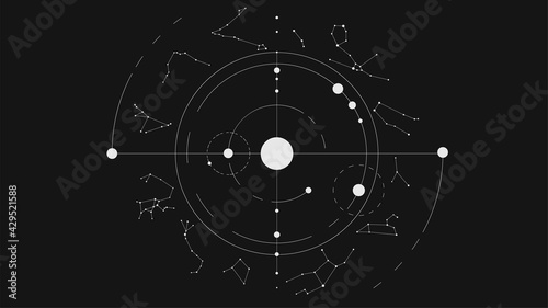 White minimalistic solar system and zodiac constellations on black background photo