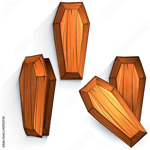 Set of wooden coffins: open and closed, on a white background