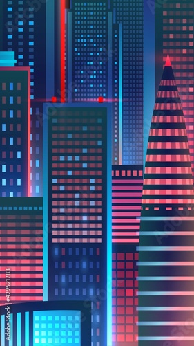The pattern of the facades of the skyscrapers of the night city