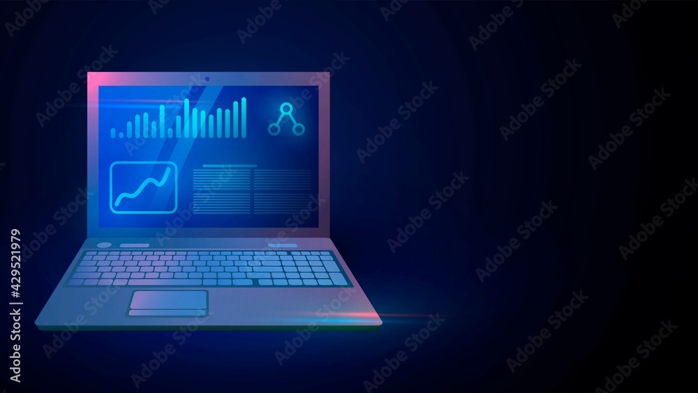 Laptop with graphs and analytics on a dark background Laptop with graphs and analytics on a dark background