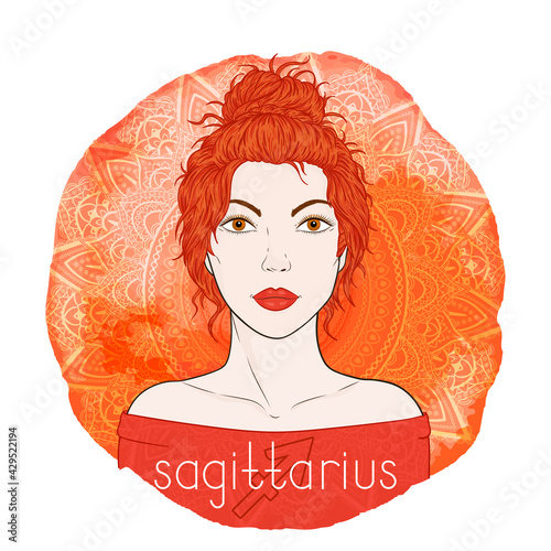 Astrology card with zodiac sign Sagittarius and beautiful woman portrait.