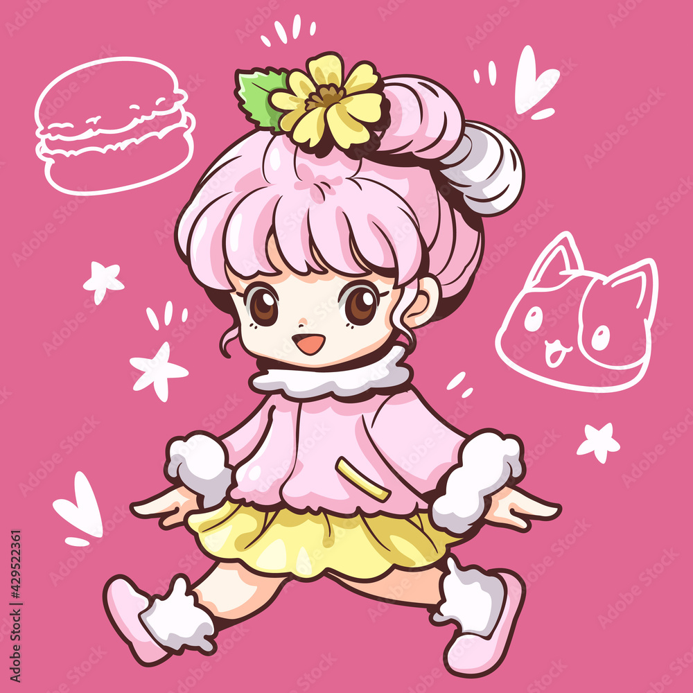 Cute sweet macaron girl, Cute design work in kawaii style, Cute cartoon characters, Macaron girls digital clipart, Printables vector graphics illustrations.