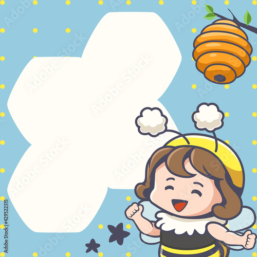 Frame of cute little bee girl and honeycomb. There is a space for taking notes or writing down messages. Kawaii style design. This design can decoration for print or digital media.