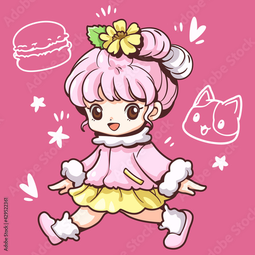 Cute sweet macaron girl, Cute design work in kawaii style, Cute cartoon characters, Macaron girls digital clipart, Printables vector graphics illustrations.