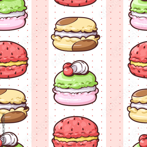 Seamless pattern of cute macaron, Stripes and polka dots. kawaii design, bright colors and White background. Vector cartoon illustration. They are great for decoration or as part of a design.