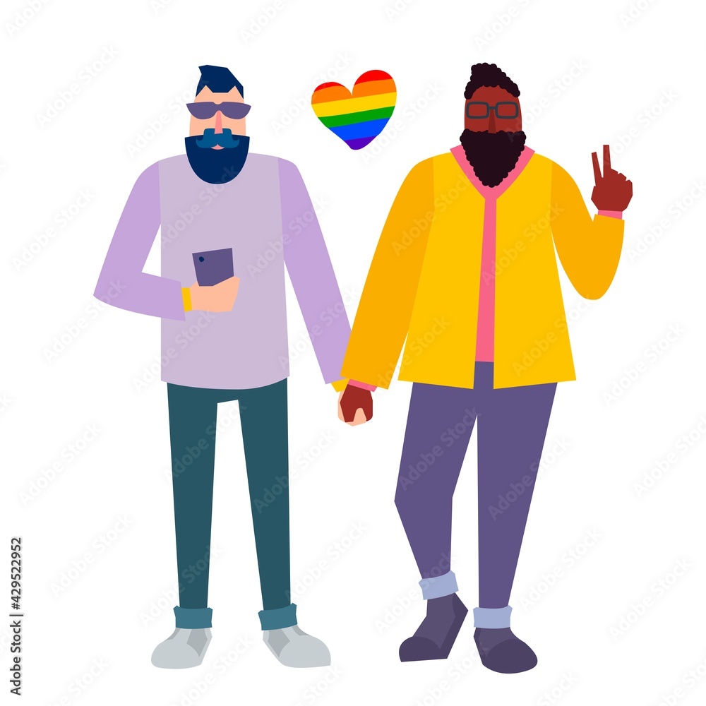 Two fashionable gay men holding hands, LGBT people Two fashionable gay men holding hands, LGBT people