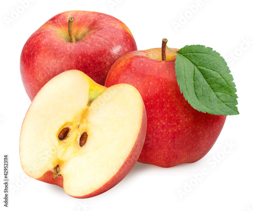 Fresh Red apple isolated on white background, Red Envy apple with leaves on white background With clipping path