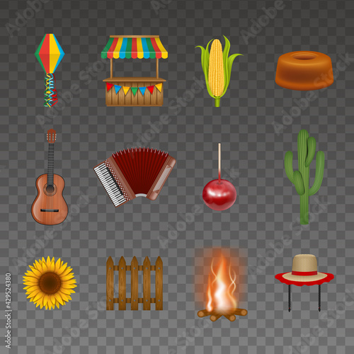 Set of festa junina isolated elements. Brazilian june festival symbols