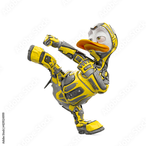 duck the astronaut is doing a karate kick