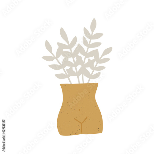 Trendy ceramic yellow vase with plant vector illustration. Leaf in pot composition. Contemporary art. Modern poster, wall decor. Interior design elements isolated on white background.