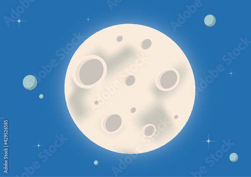 Luna llena en cielo azul. carton, vector, dibujo, ilustracion.