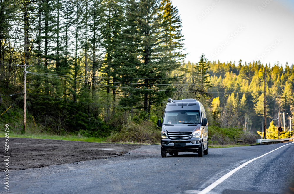 Compact commercial gray mini van made a stop on the road shoulder with evergreen trees forest