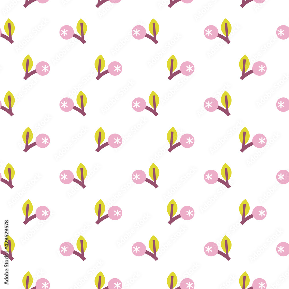 Stylish seamless pattern with pink berries, lime green leaves and purple branches on the white background. Vector ornament for fabric, wrapping and wallpapers. Stylish seamless pattern with pink berries, lime green leaves and purple branches on the white background. Vector ornament for fabric, wrapping and wallpapers.