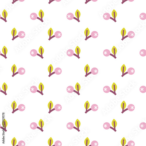 Stylish seamless pattern with pink berries, lime green leaves and purple branches on the white background. Vector ornament for fabric, wrapping and wallpapers.