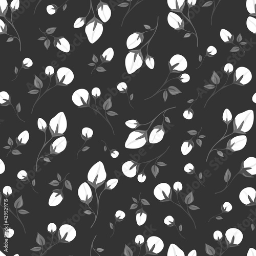 Delicate spring flowers and leaves. Seamless pattern. Botanical print for sandstone on fabric, paper, packaging. Isolated background.