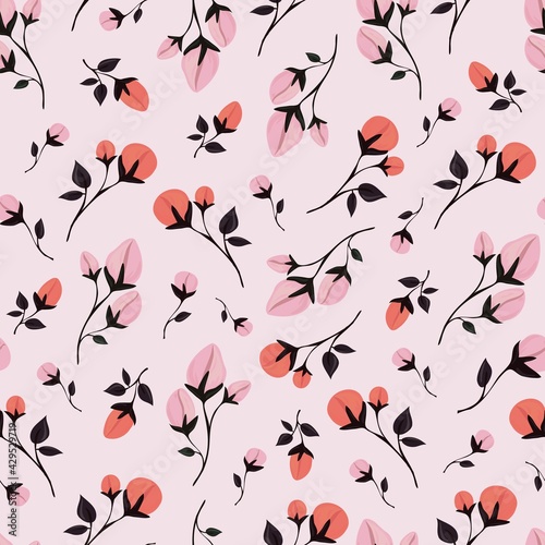Delicate spring flowers and leaves. Seamless pattern. Botanical print for sandstone on fabric, paper, packaging. Isolated background.